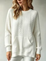 Women Cable Knit Sweater With Kangaroo Pocket Long Sleeve Crew Neck Loose Pullover Sweaters Casual Oversized Fall Winter Jumper For Ladies