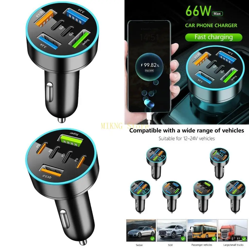 

Всего 66 Вт QC3.0 Интеллектуальное автомобильное зарядное устройство Multi -Port -Rapid Car Rolding Solution Лучшая продажа