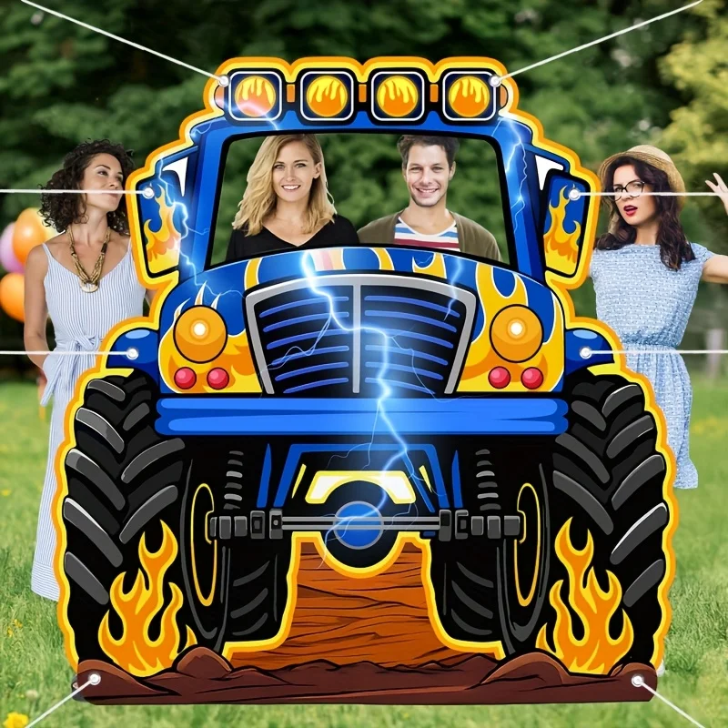 A photo booth backdrop featuring a giant monster truck - vibrant blue and red truck decorations for a lively party theme