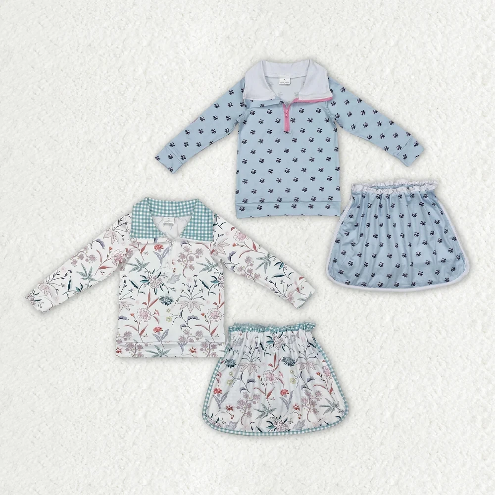 

wholesale hot sale western boutique children clothing Sibling Baby Girls Spring Flowers Zip Top Ruffle Skort Short Clothes Sets