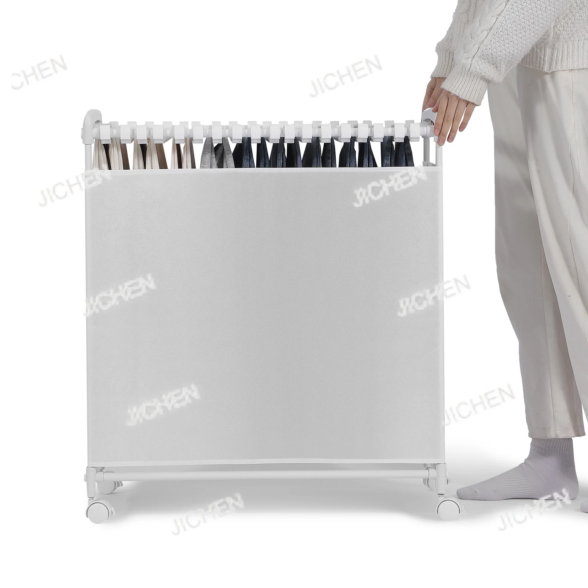 

Removable pants storage rack with surrounding cloth universal wheel pants rack 20 non-slip hooks pants storage