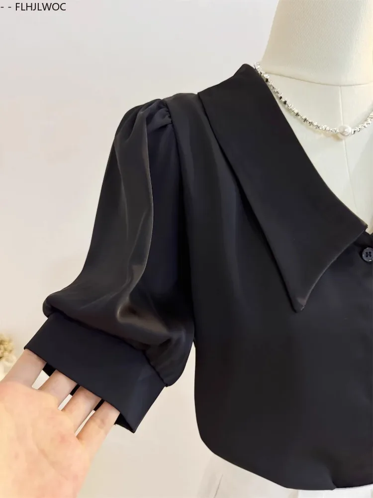 Camisas pretas elegantes design francês mulheres verão puff manga senhora do escritório botão sólido básico moda commuter topos blusas