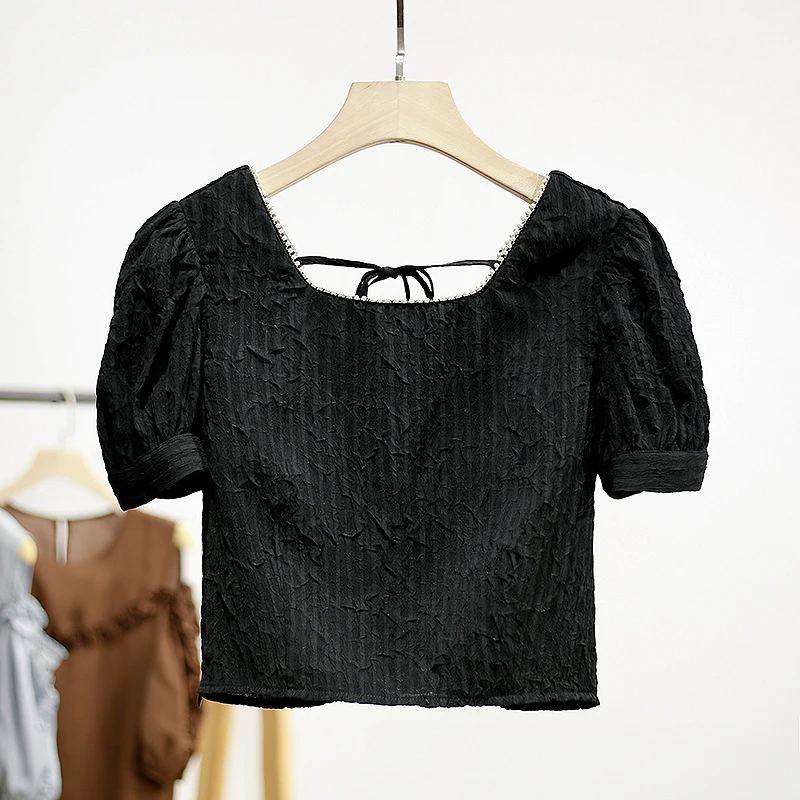 

Sweet Style Women's Short Bubble Sleeve Square Collar Shantung Shirt Summer New Arrival Fashionable Casual Loose Fit Top