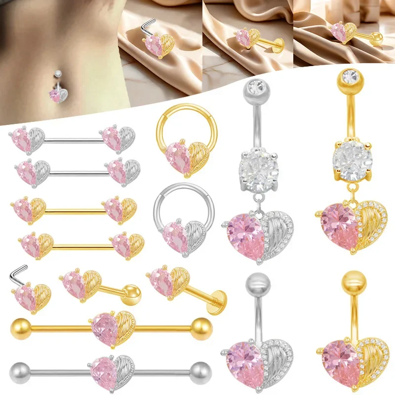 Anillos de acero quirúrgico para el ombligo para mujer, pendiente de tuerca de corazón cúbico, Septum, anillo de nariz, anillo de pezón, Piercing corporal, joyería