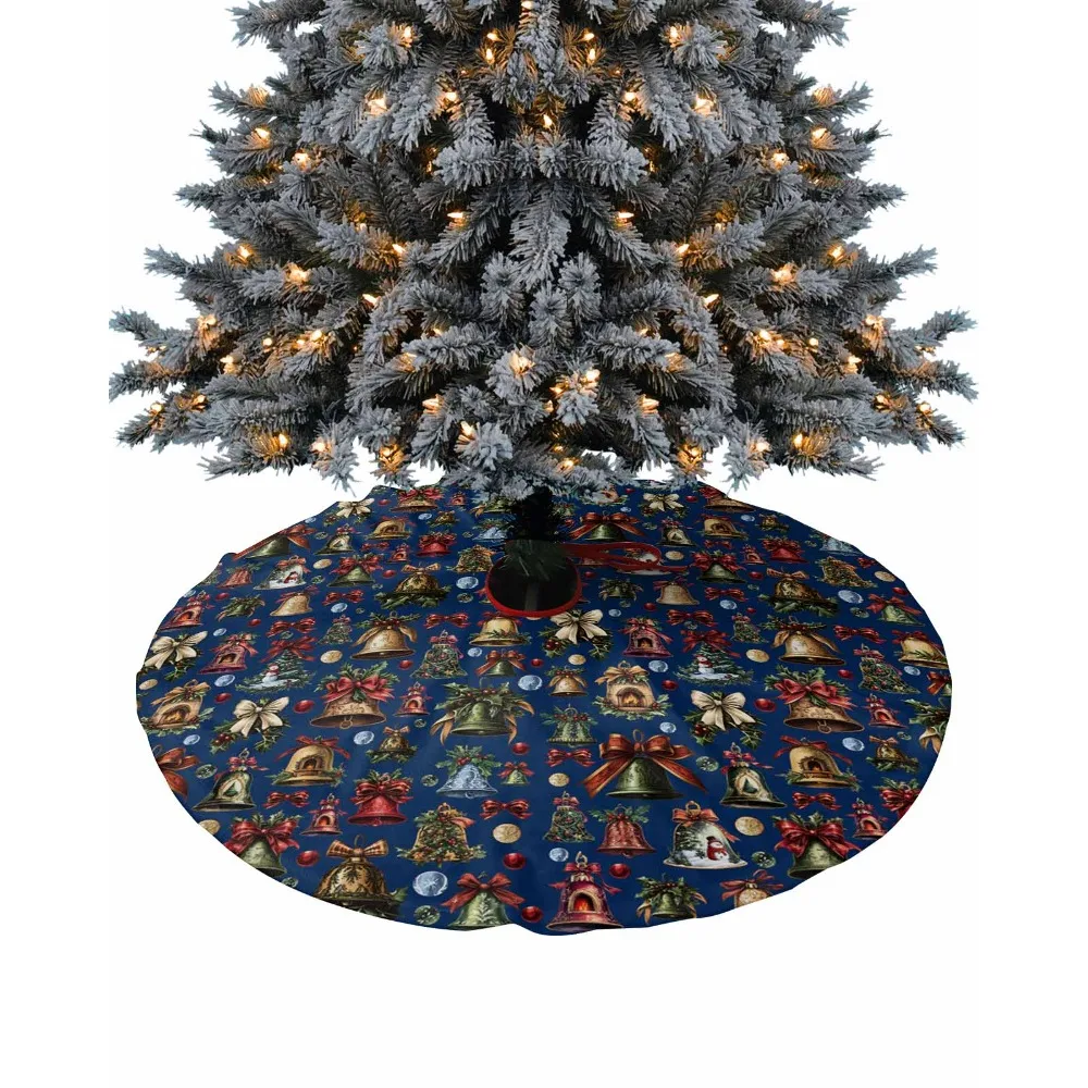 Christmas Bell Bow Dark Blue Background  Christmas Tree Creative Printed Tree Bottom Decoration Festival Party Tree Skirt