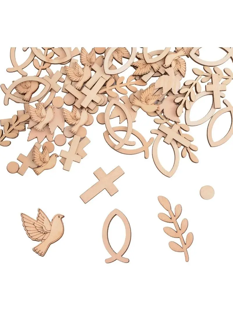 Table confettis en bois, croix de poisson, branche de colombe à pois, décors de fête à thème de baptême, décor de réception-cadeau pour bébé, d'anniversaire et de mariage