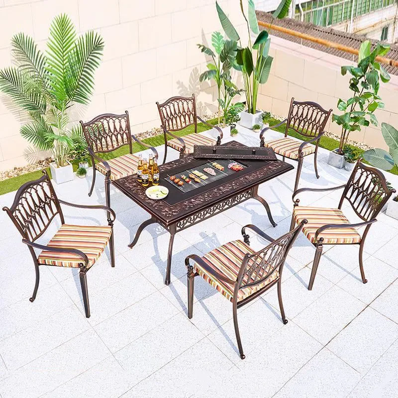 Cast Aluminum Outdoor BBQ Table with Charcoal Electric Grill Long Dining Set for Garden Patio Farm Casual Use