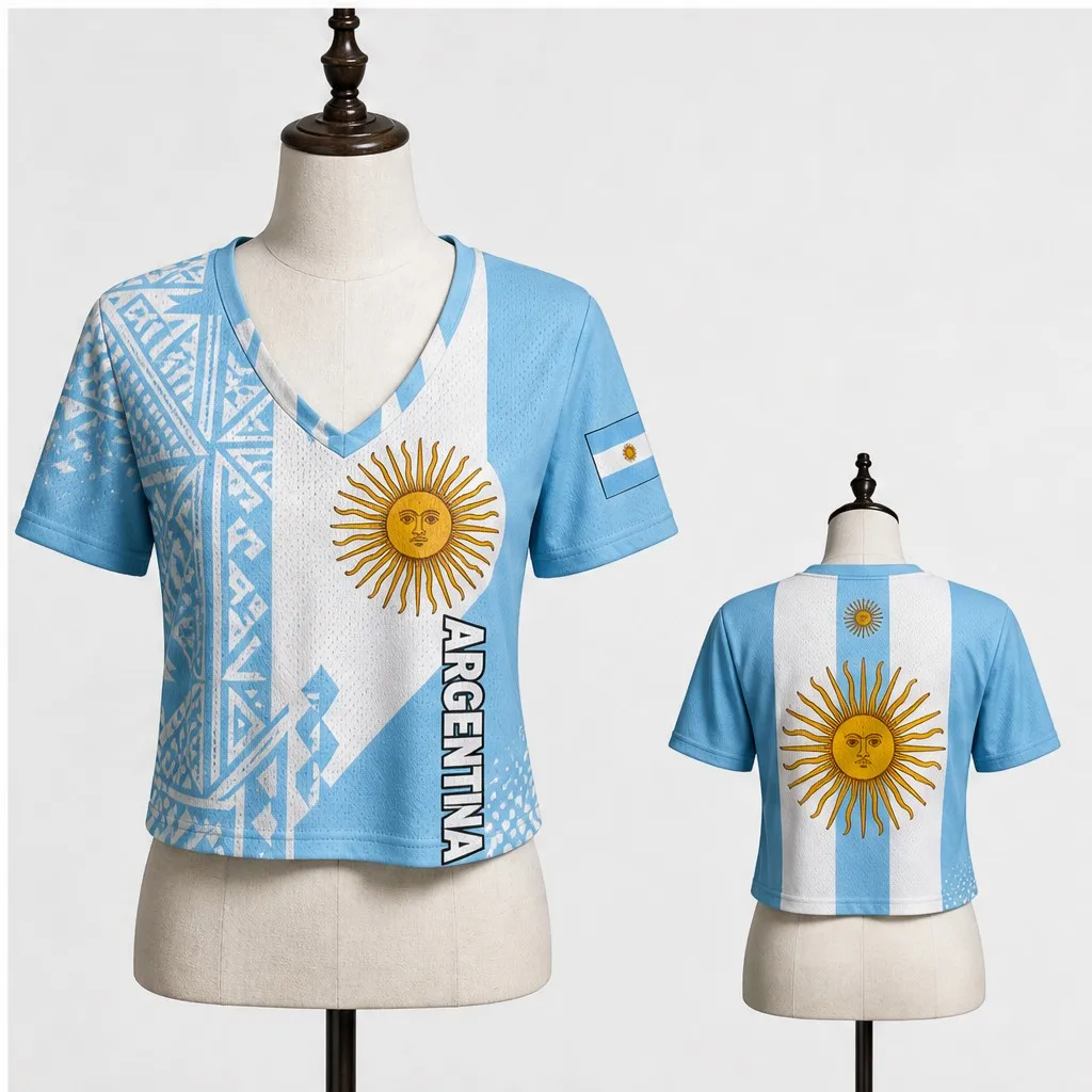 Womens Argentina V Neck Crop T Shirt Sky Blue White Sun Graphic Short Sleeve Casual Streetwear Top Summer Fashion Wear New Looks view 2