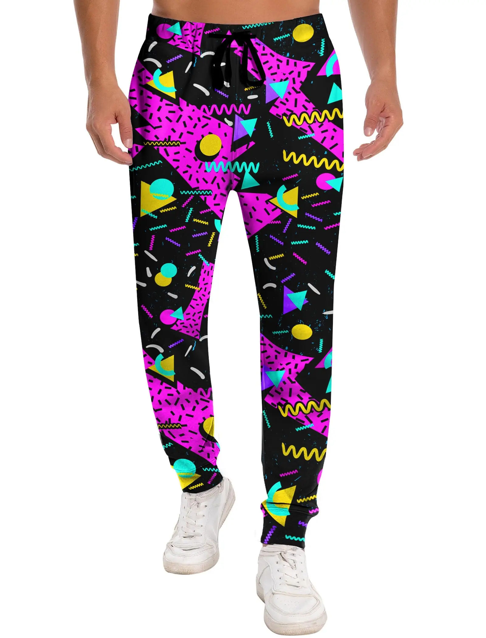 Men Retro 80s Memphis Pattern Sweatpants, Neon Colorful Triangle Circle Print, Drawstring Casual Pants, Street Style Sweatpants