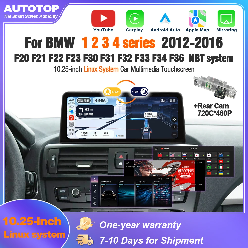AUTOTOP Lettore Multimediale per Auto da 10.25 Pollici con Sistema Linux e YouTube per BMW Serie 1 2 3 4 F20 F21 F22 F23 F30 F31 F32 F33 F34-GT F36, CarPlay Wireless, Android Auto, Navigazione,