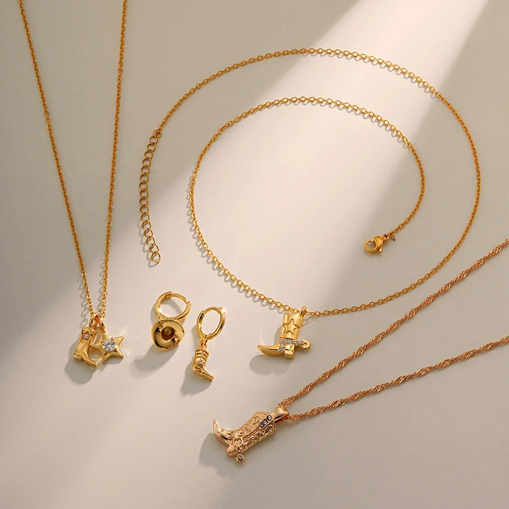 Punk CZ Zircon Cowboy Boot Pendant Necklace for Women Vintage Gold Plated Stainless Steel Chain Necklace Trendy Jewelry Gift - Image 5