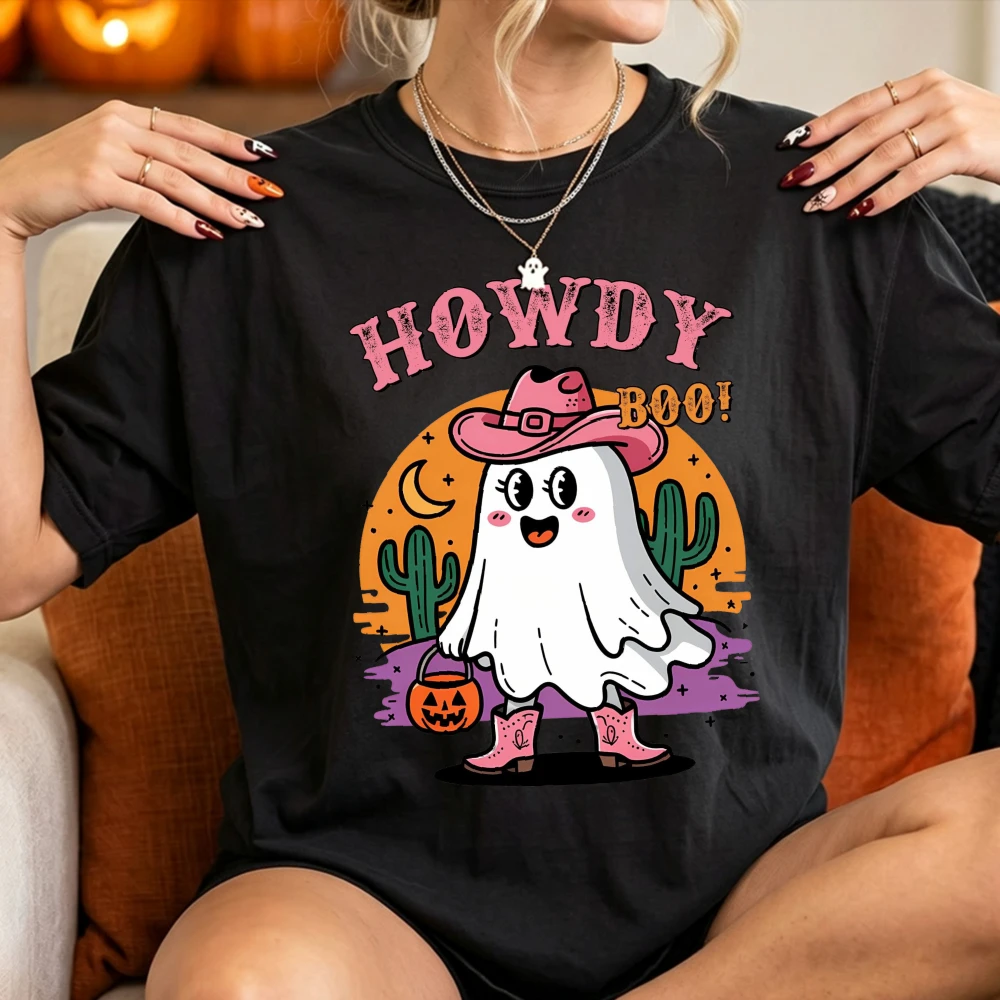 Howdy Boo Western Ghost T Shirt Unisex Pink Cowboy Hat Halloween Graphic Printed Tee Women Men Fall Autumn Pumpkin T-Shirt