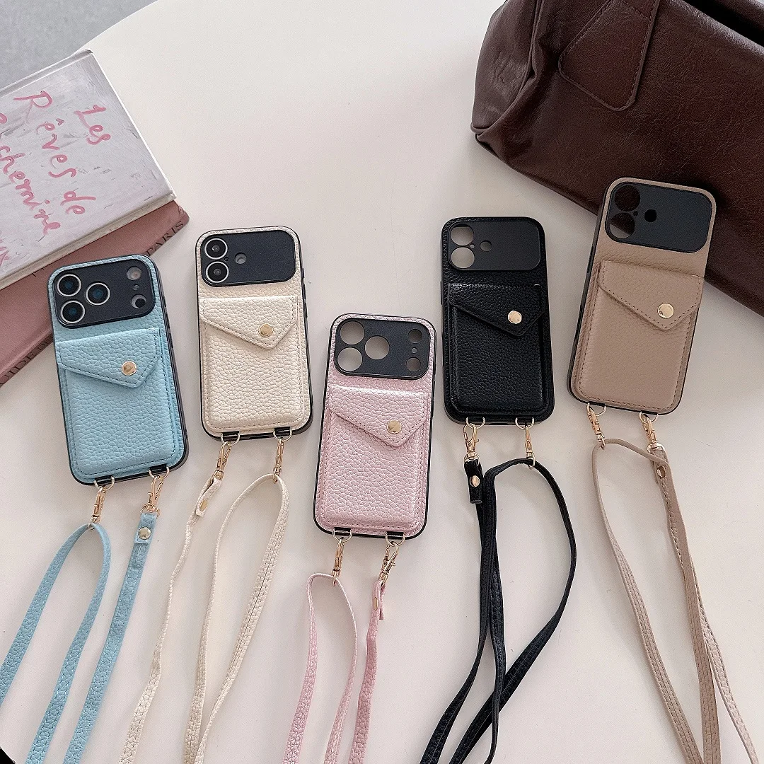 

Hot Crossbody Strap Leather Card Holder Pocket Wallet Case For iPhone 11 12 13 14 15 16 17 Pro Max Plus Purse Shell Phone Cover