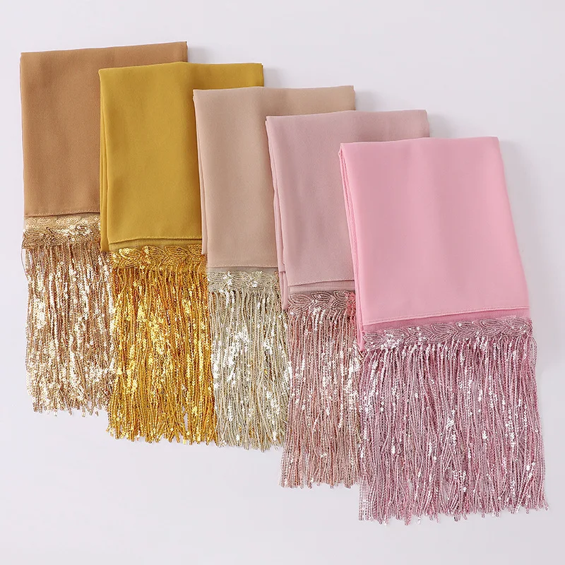 

New Tassel Sequin Chiffon Hiajbs for Women Scarf Headscarf Muslim Shawl Malaysian Scarves Scarf Women Hijab Ramadan 70*175CM