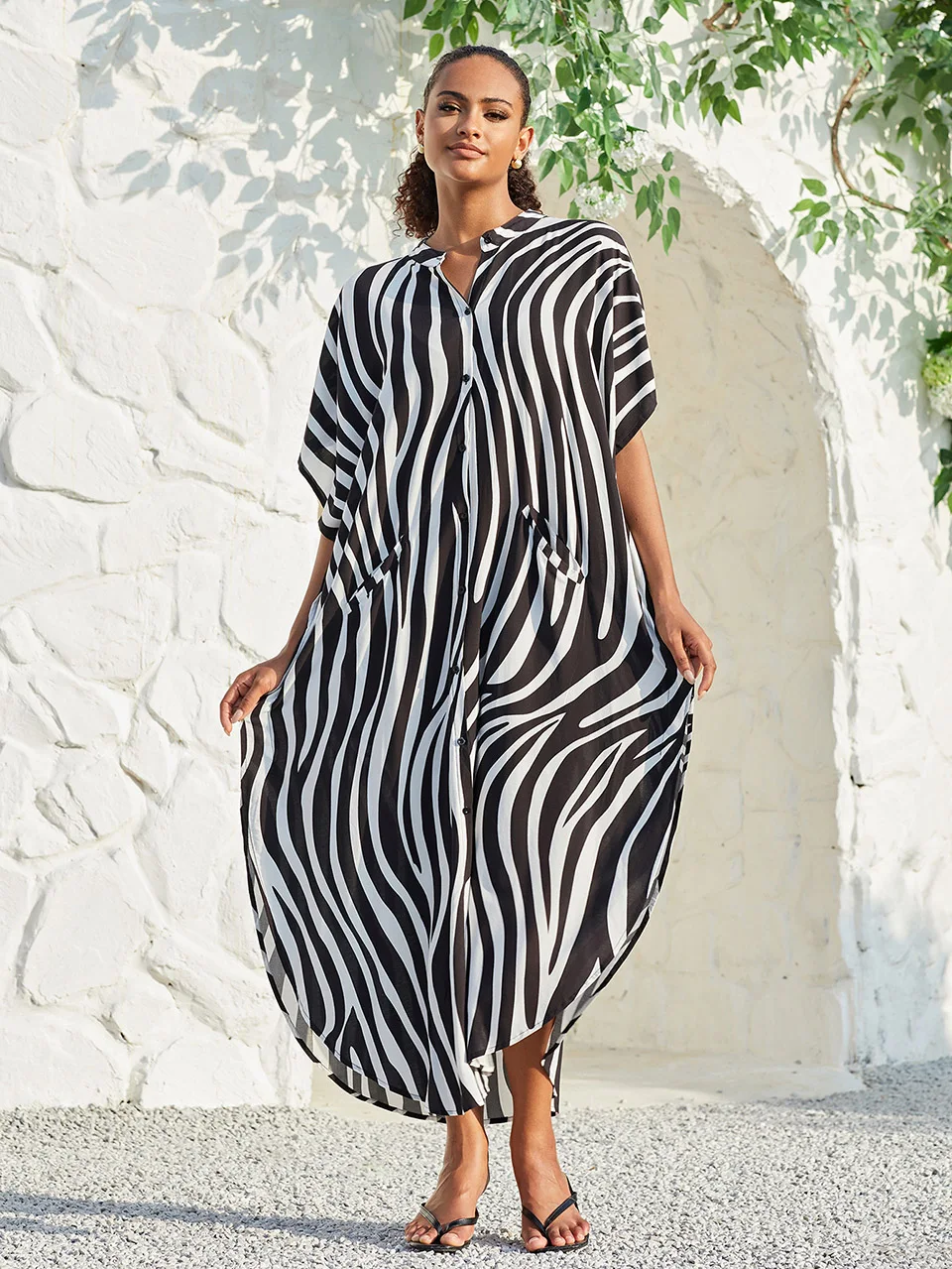 Zebra Print Shirt Beach Dress Swimsuit Cover Up for Women Single-breasted Kaftan 2023 Summer Bathing Suit Cover-ups Blouse Robe