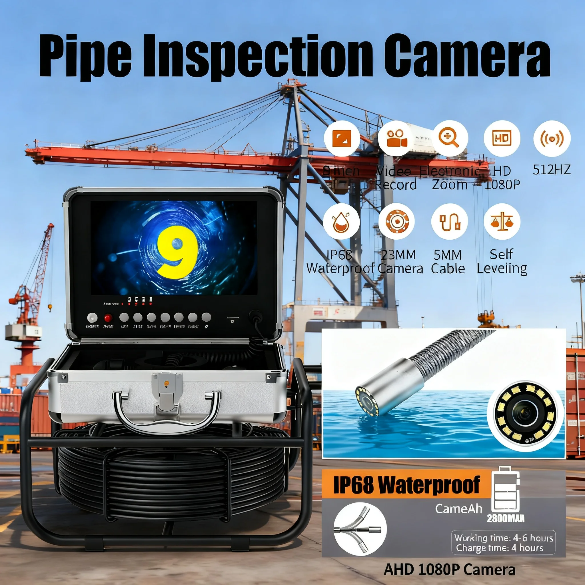 Водонепроницаемая камера для канализации 1080p высокой четкости с автовыравниванием, 12 светодиодными лампами, 9-дюймовым монитором и передатчиком 512 Гц для определения местоположения труб.