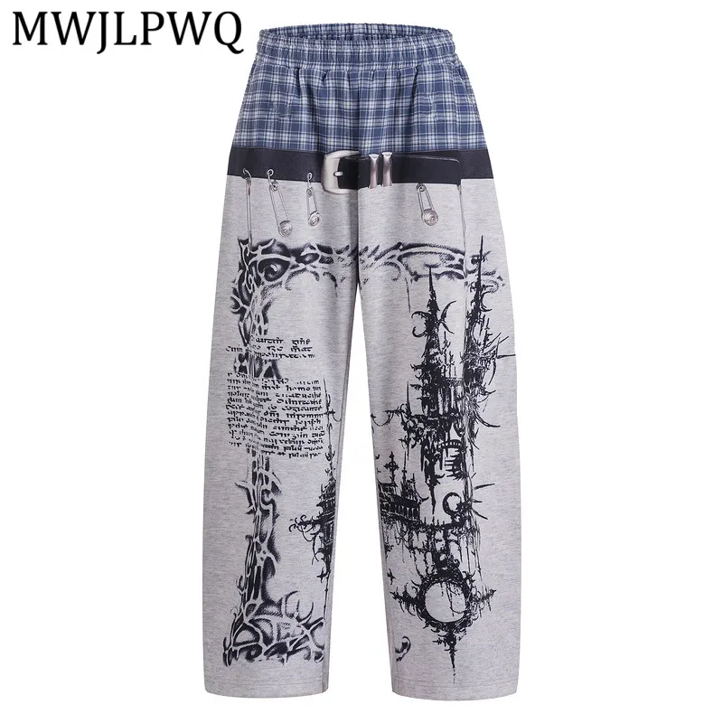 MWJLPWQ American Plaid Wide-Leg Gothic Pin Print Trousers Men's Street Design Loose-Fitting Trendy Unique Unisex Pants 16340