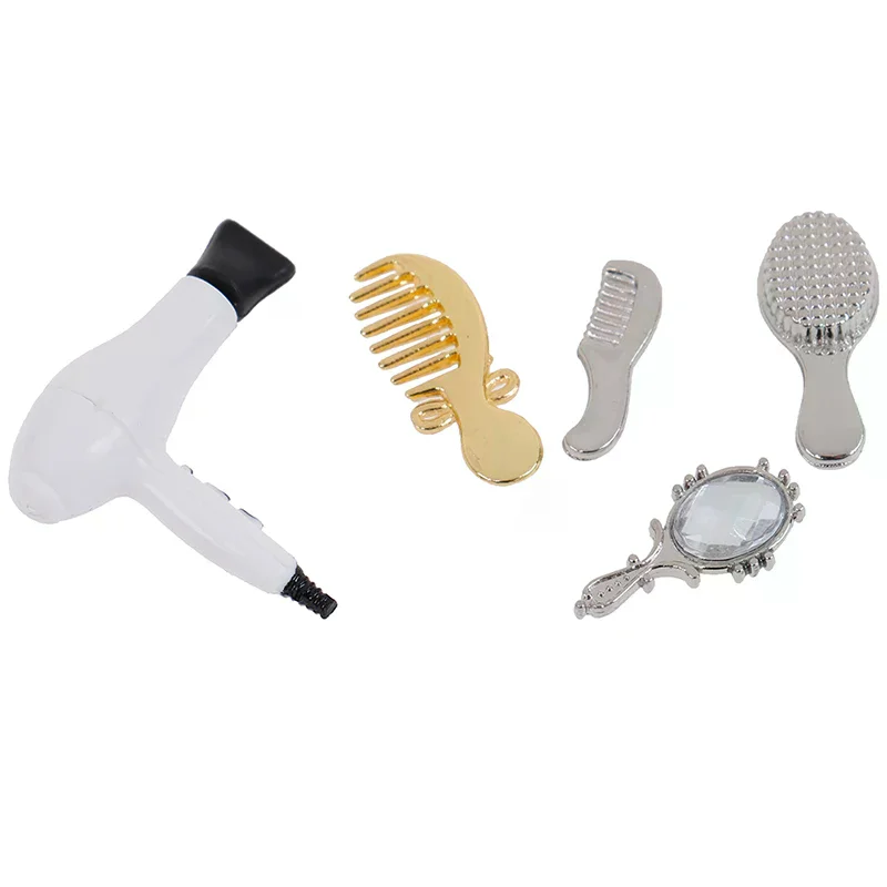 Minituare Hair Salon Dollhouse Alloy Hair Grooming Tools With Small Hairbrush Mirror Blow Dryer Hairdressing Model Accessori view 2