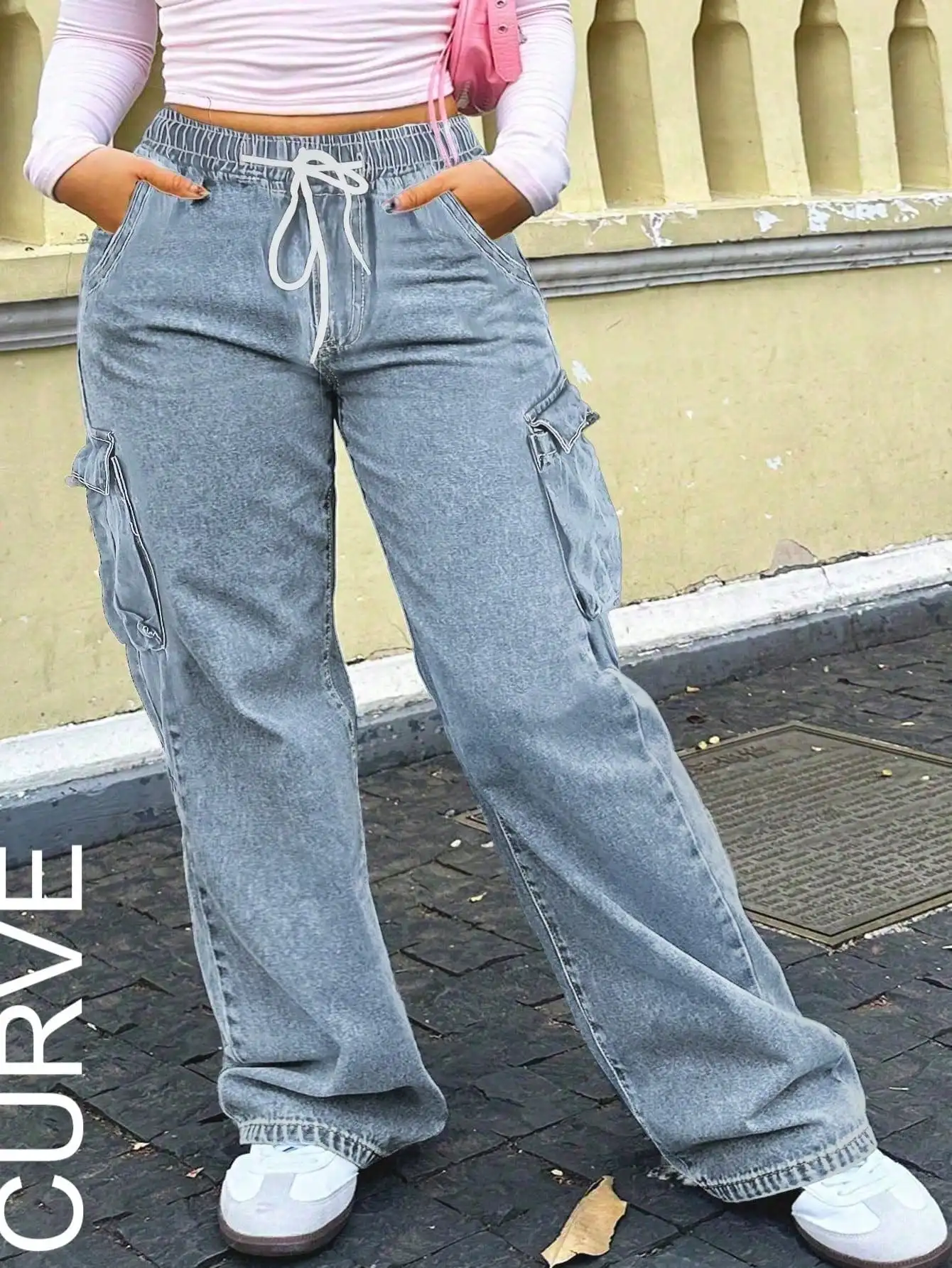 

Plus Size Loose Straight Leg Cargo Jeans With Drawstring Waist