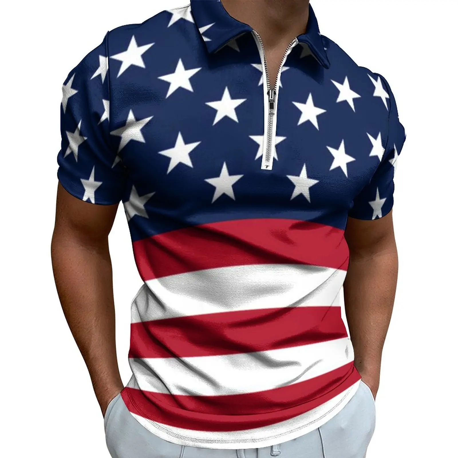 Red And White Striped Casual T-Shirts Stars Spangled USA Flag Polo Shirts Street Style Shirt Summer Short Sleeve Big Size 5XL