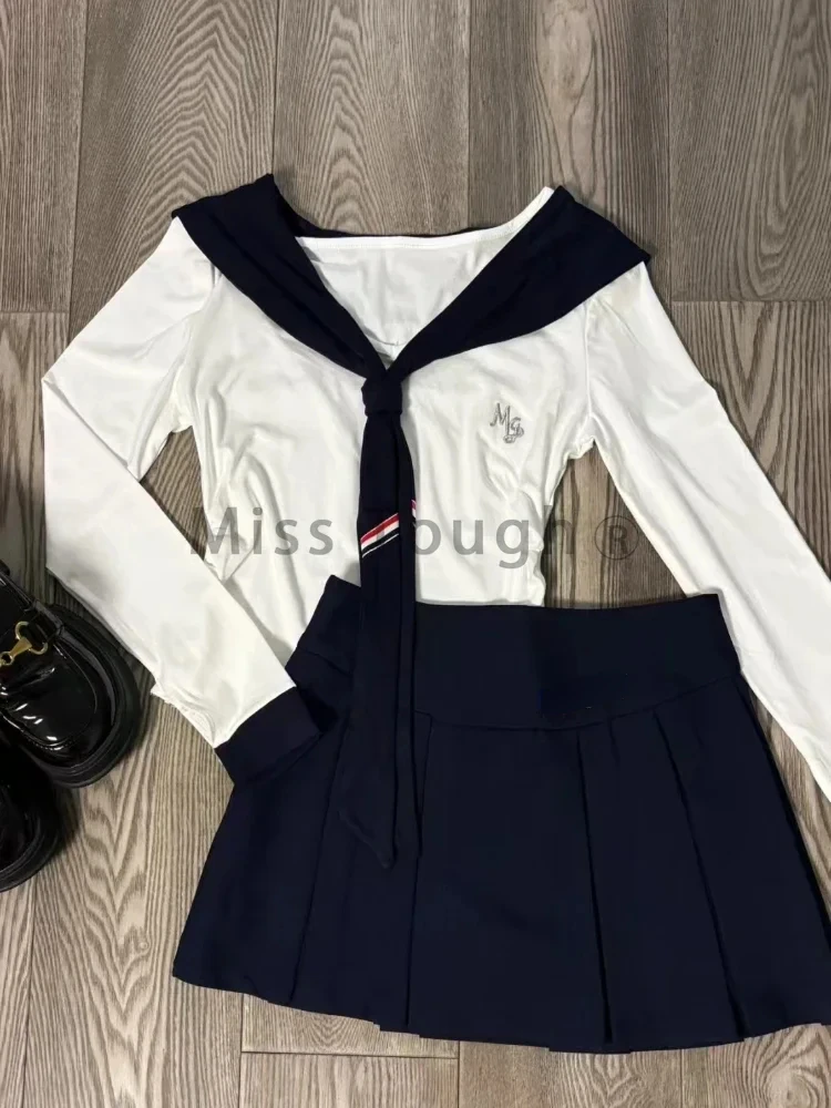 Autumn Preppy Style Slim 3 Piece Set Women Fashion Sweet Solid Long Sleeve V Neck Tops Female + Chic High Waist Short Skirt New