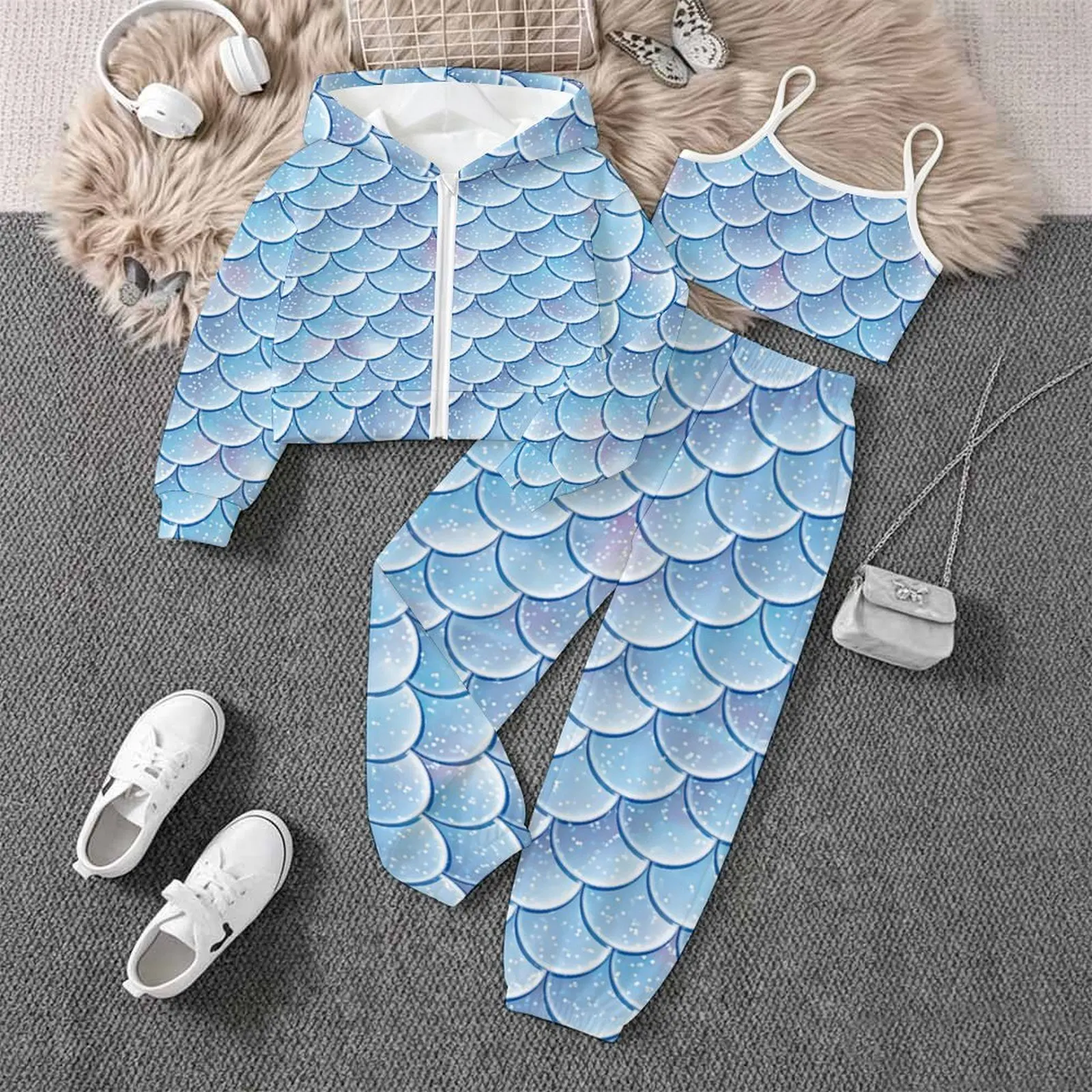 3pcs Winter Jogging Pants Girls Daily Wear Retro Three-Piece Set Children's Tops Fashion Vest Print Trousers Autumn Coats