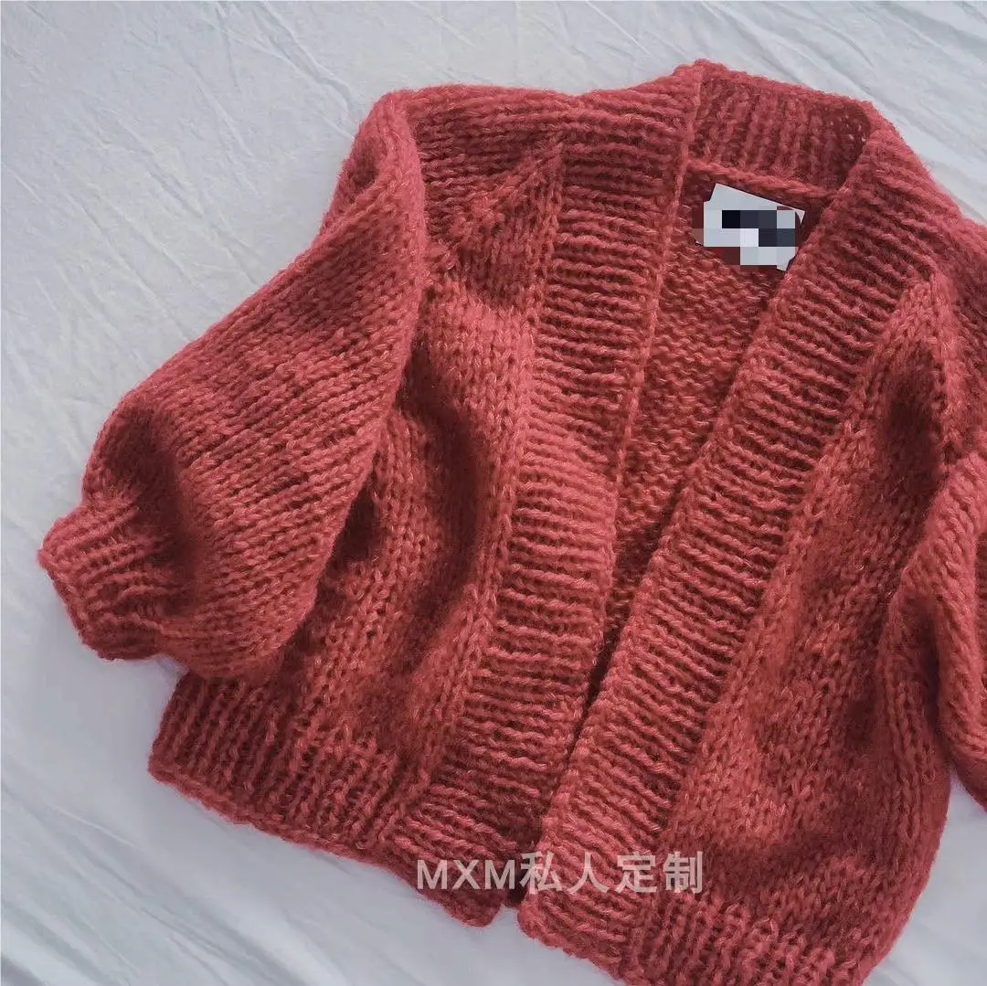 Red Mohair Sweater Jacket, Thick Needle Cardigan, Handcrafted Knit Top, Long Sleeve, Female, Soft and tender