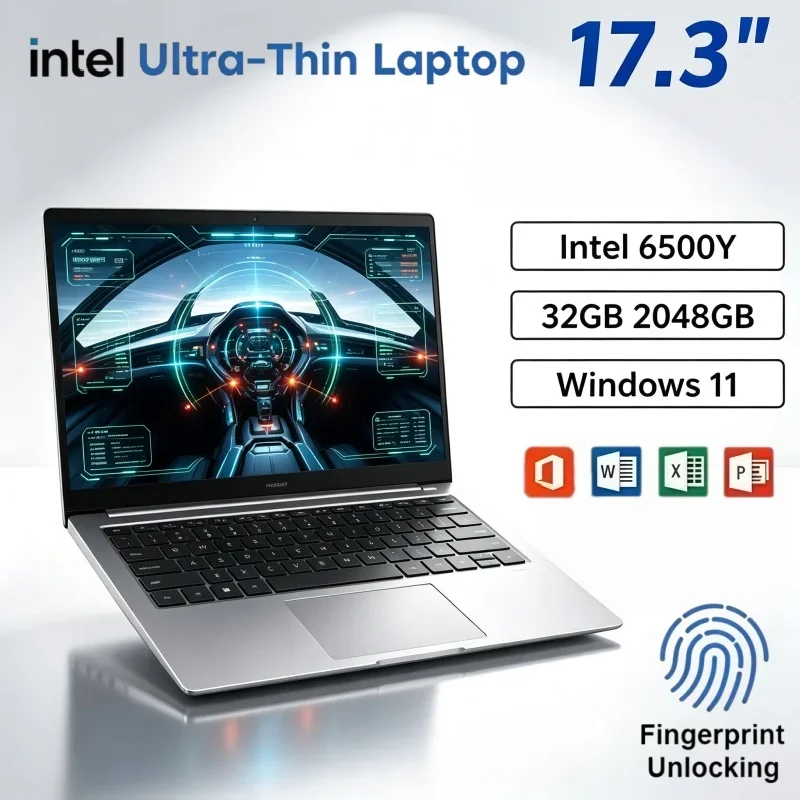 Intel 6500Y 17.3 Inch Laptop 32GB RAM 2TB SSD Windows 11 Fingerprint Lock Notebook For Home Study & Gaming