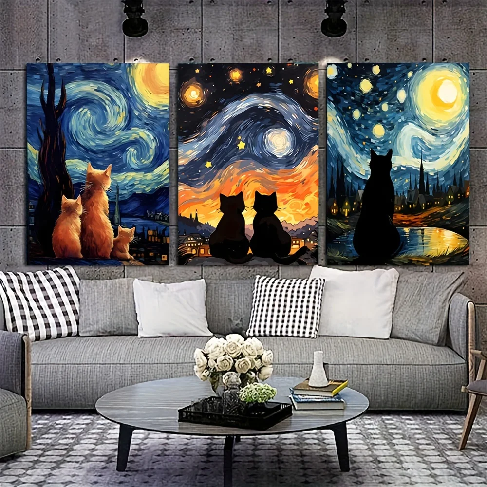 3 قطع من المطبوعات الفنية القماشية غير المؤطرة - ليلة فان جوخ المرصعة بالنجوم والقطة السوداء الحديثة لتزيين الحائط على شكل حيوانات لغرفة النوم وغرفة المعيشة والمكتب المنزلي