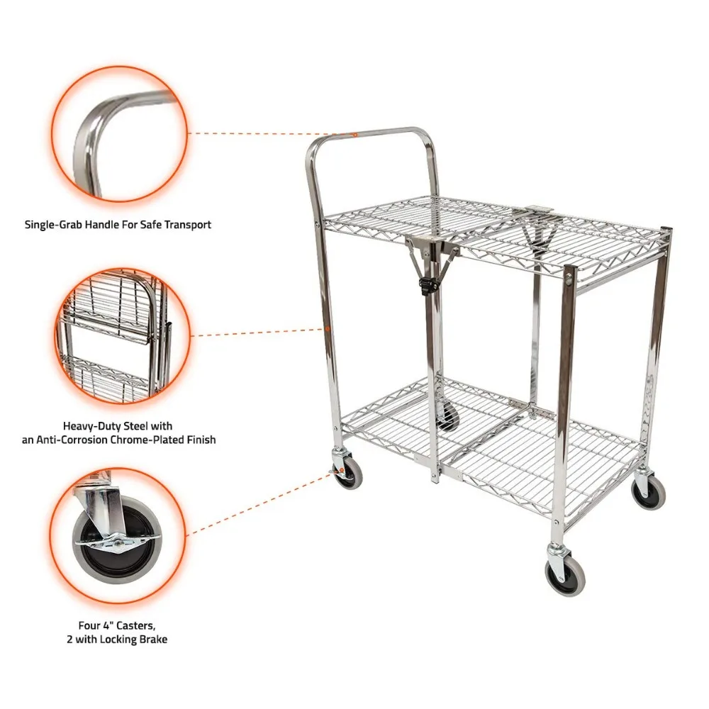 عربة سلكية قابلة للطي ثنائية الرف من Luxor WSCC-2 مع عجلات للاستخدام عالي التحمل، تدعم 200 رطل، وتخزين مدمج #6