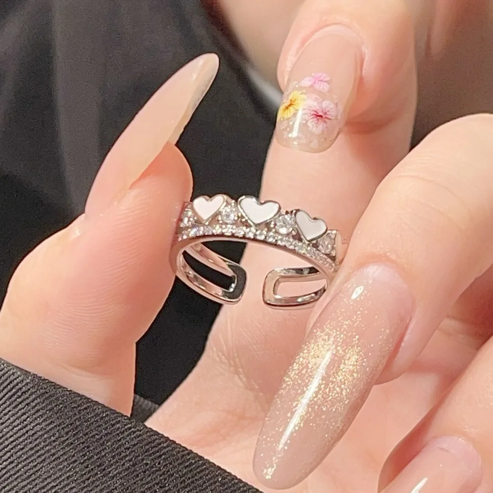 New Romantic Sweet 925 Sterling Silver Double-layered Heart Row Zircon Adjustable Opening Rings for Women for Girlfriend Jewelry