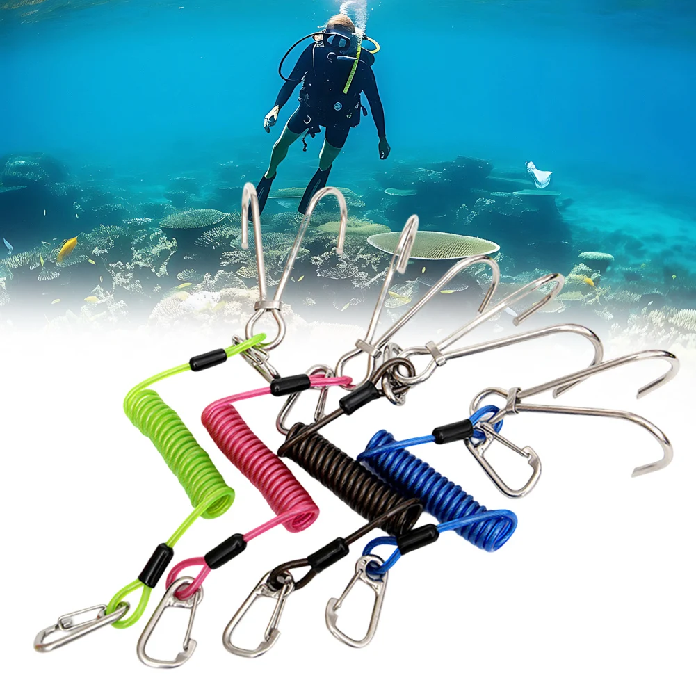 1x Scuba Diving Reef Hook Double Reef Hook Drift Hook Spiral Coil Lanyard สแตนเลสสําหรับ Current ดําน้ําใต้น้ํากีฬา