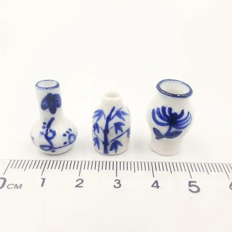 3pcs Mini Blue and White Porcelain Vase DIY Handmade Doll House Kitchen Ceramic Ornament Decora  Dollhouse Miniatures