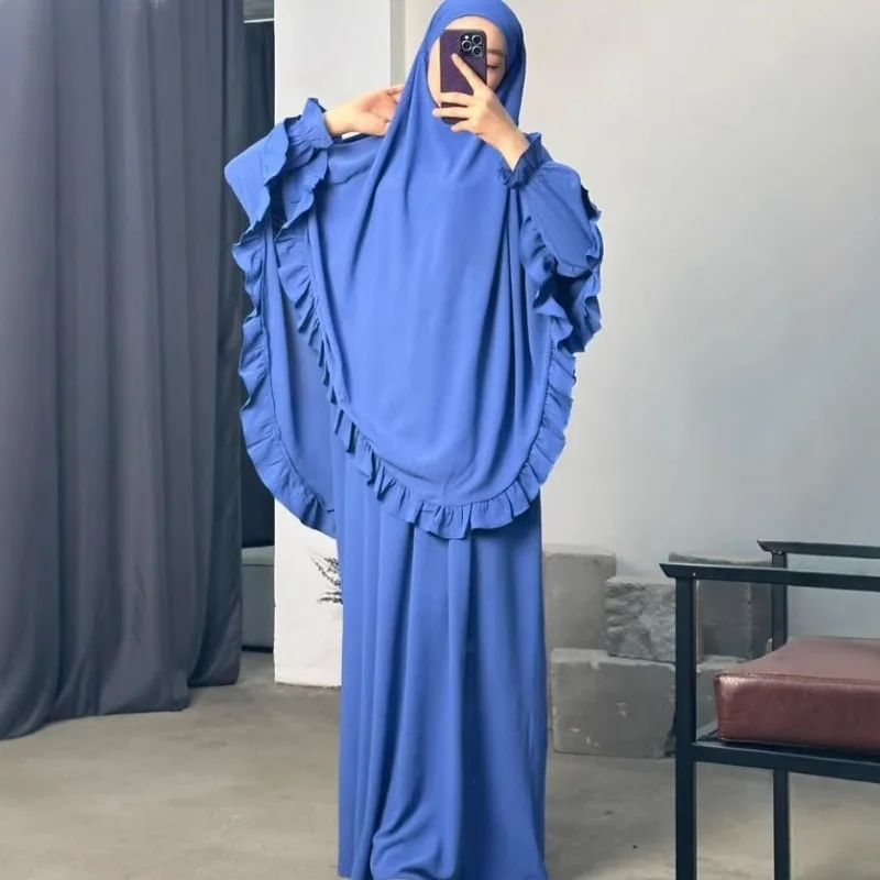 

Stylish and simple two-piece set, solid color long headscarf, women's loose robe, worship clothes P222