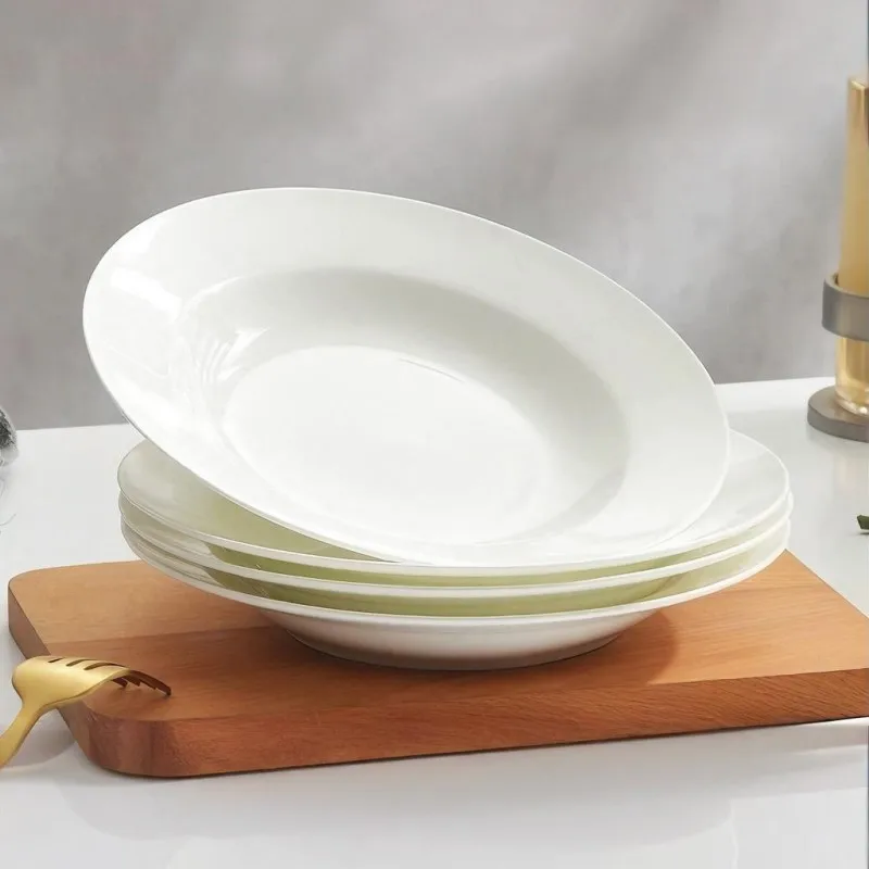 8 inch, plain white bone china soup plate, white porcelain dishes for dinner, pottery wedding plates, restaurant dinner plates