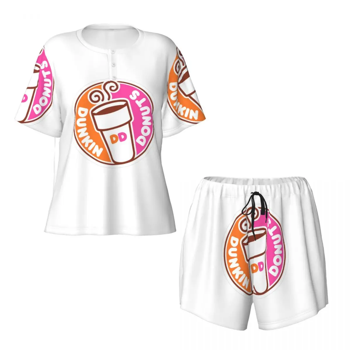 Dunkin Donuts Round Neck Short Sleeves Nightdress for Sleeping Sleepshirts Women Loose Pajama Set Short Pants