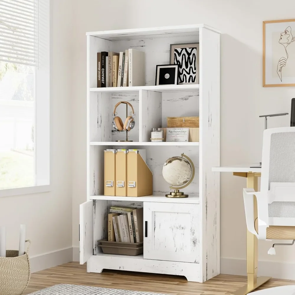 Wood Bookcase with Doors White Bookshelf with LED Lights Modern Storage RackStanding Bookshelves,for Bedroom, Living Room,Office