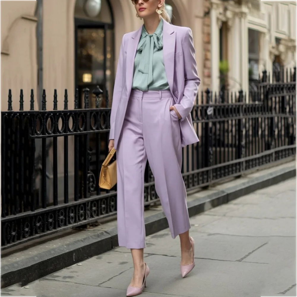 Light Purple Women's Suit Notch Lapel Front Flat Fashion Outfit Single Breasted Elegant Lady Business Office Formal Suit