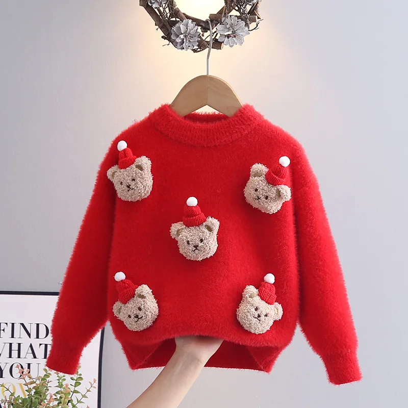 

2025 Girls Sweaters Pullover Cute Holiday Party 3D Bear Decos Knitting Clothes Red Christmas Sweater for Baby Girl Tops IY07121