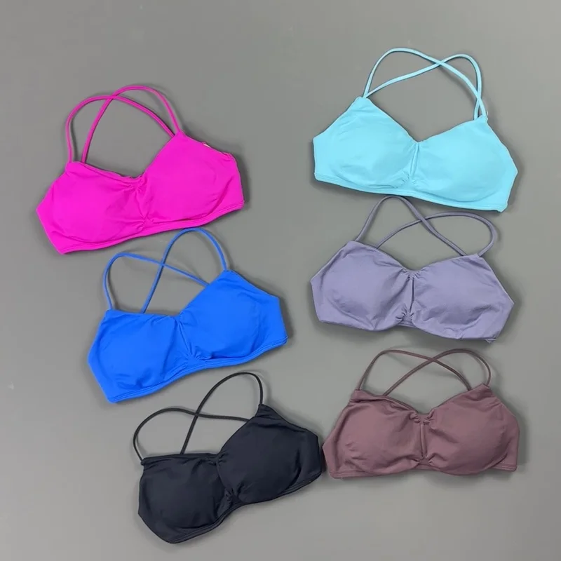HISTELLO Soutien-gorge de sport pour femme, froncé devant, dos croisé, fines bretelles spaghetti, rembourré, doux et respirant, idéal pour le yoga, le fitness et l'entraînement
