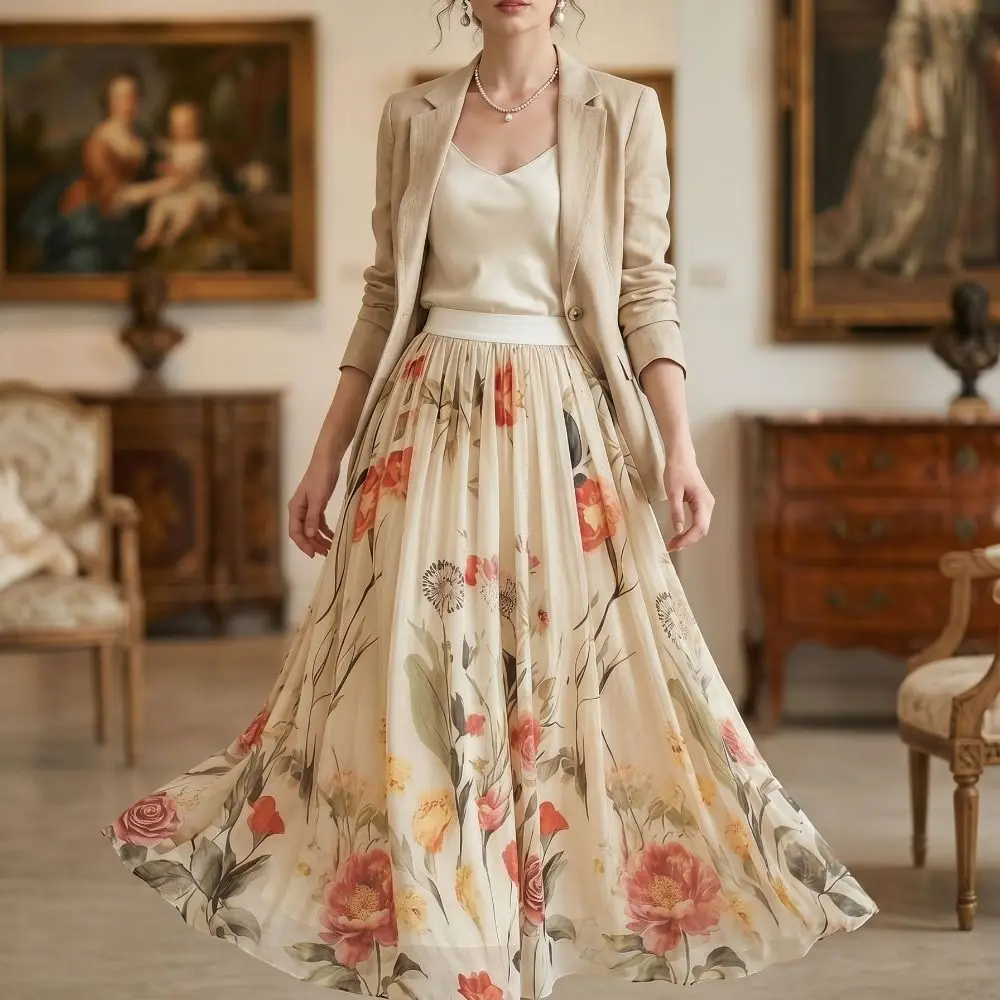 Elastic Waist Women Printed A-line Skirt Pleated Mesh Overlay Long Skirt Flower Embroidery High Waist Skirts Summer Season