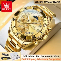 OLEVS Men Watch 43mm Big Dial Chronograph Moon Phase Waterproof Sports Watches Original Quartz Watch for Men Gold Wristwatches