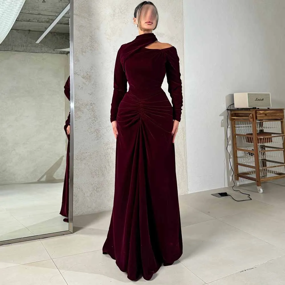 

Classy Special Occasion Dresses Velour Sheath/Column Valentine's Day Dress Burgundy Off-the-shoulder Pleat Ruched Prom Dresses