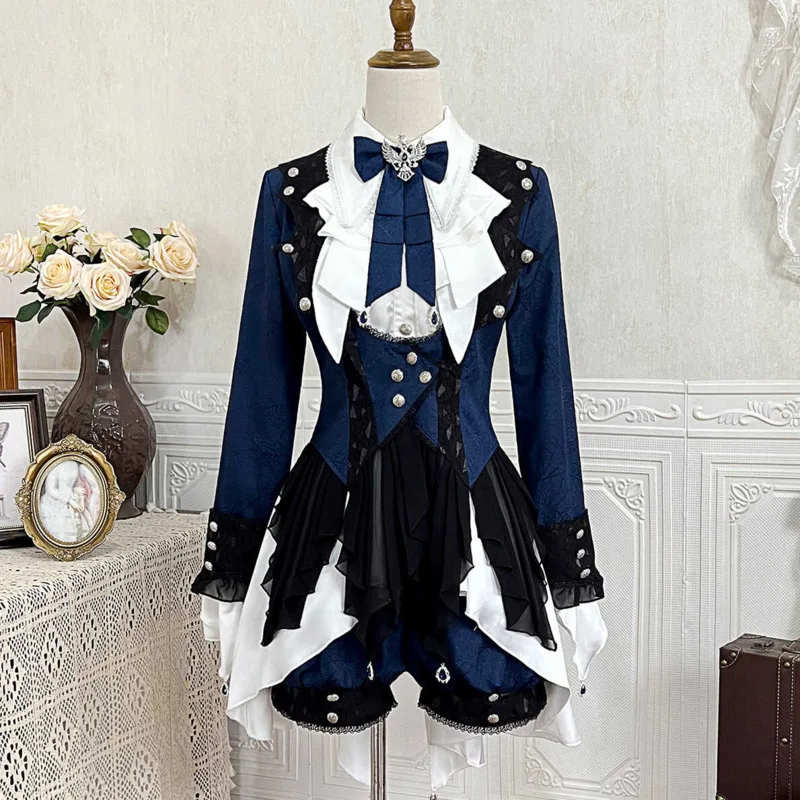 Gemini Dress Long Sleeve Op Fresh Gemini Daily Student Lolita Boy Blue Bow Shirt Pants Men Clothes Cute Kawaii Lace Ruffle Set