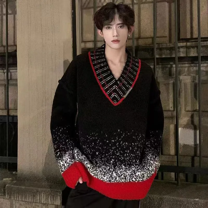 Y2K moda de venta al por menor con cuello en V de dos tonos casual hombres suéter americano nuevo gótico Harajuku jersey de moda pareja ropa deportiva suelta