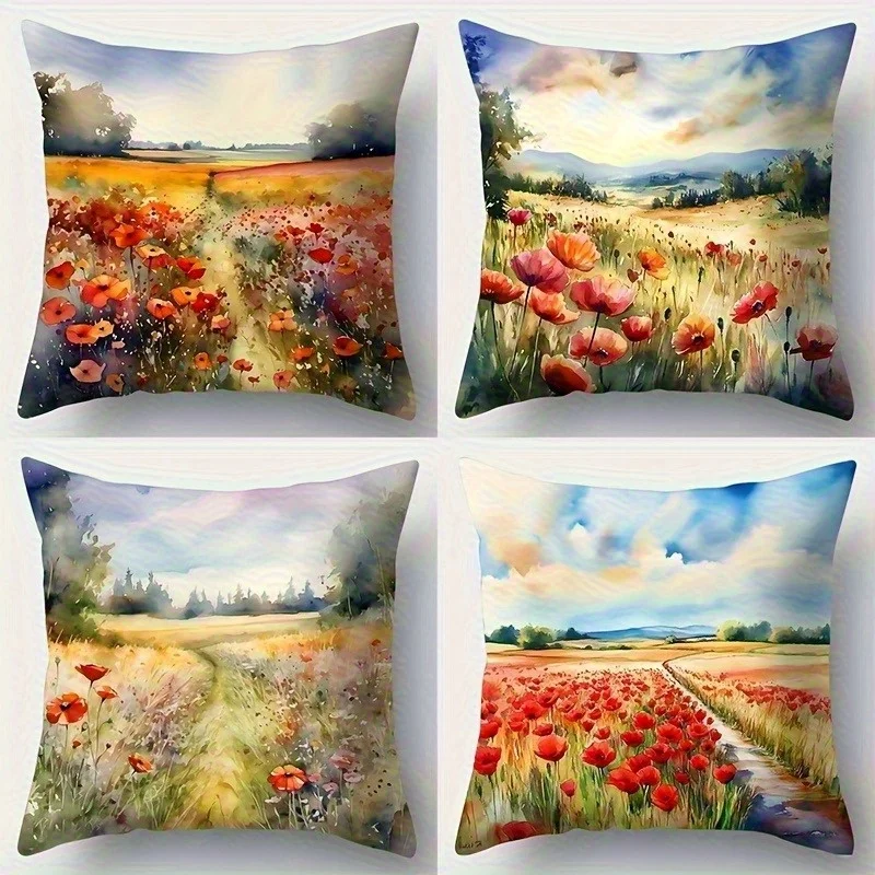 

4Pc Farmhouse Throw Pillow Covers Vintage Hand Painted Poppy Field Country Prairie Scenic Pattern Cushion Cases for Study Lounge
