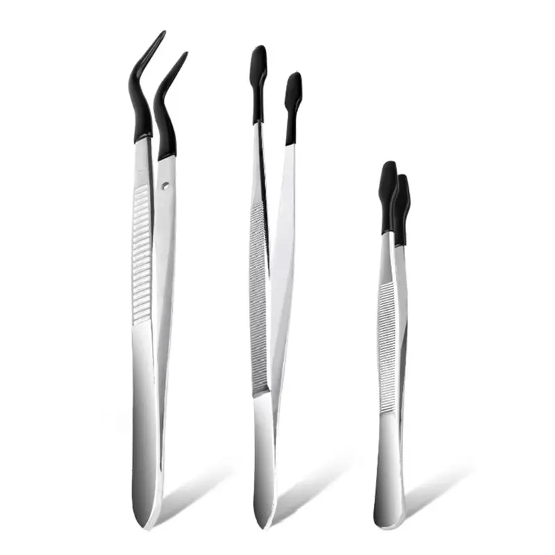 AB08-3 Pieces Non-Marring Silicone Tipped Tweezers Rubber Bent Tip Flat Tweezers Lab Tweezers