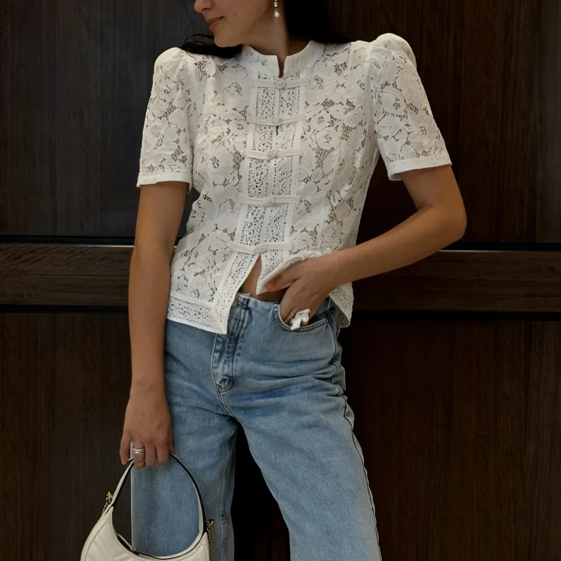 

Women Y2K Coquette Lace Floral Crop Top Short Sleeve Frog Button Hollow-Out See Through Going Out Vest Party Clubwear