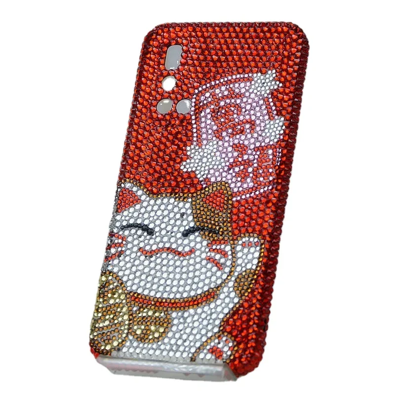 Luxury Bling Diamond Lucky Cat Phone Case for Samsung Galaxy S24FE S23 S22 A05 A15 S22 S21 Ultra Plus with Pendant