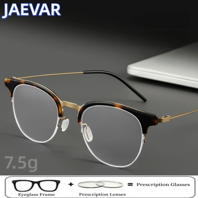 Men's Fashion Turquoise Round Frame Ultra Light Titanium Glasses Frame Retro Anti Blue Light Women's Flat Light Glasses 23880Y
